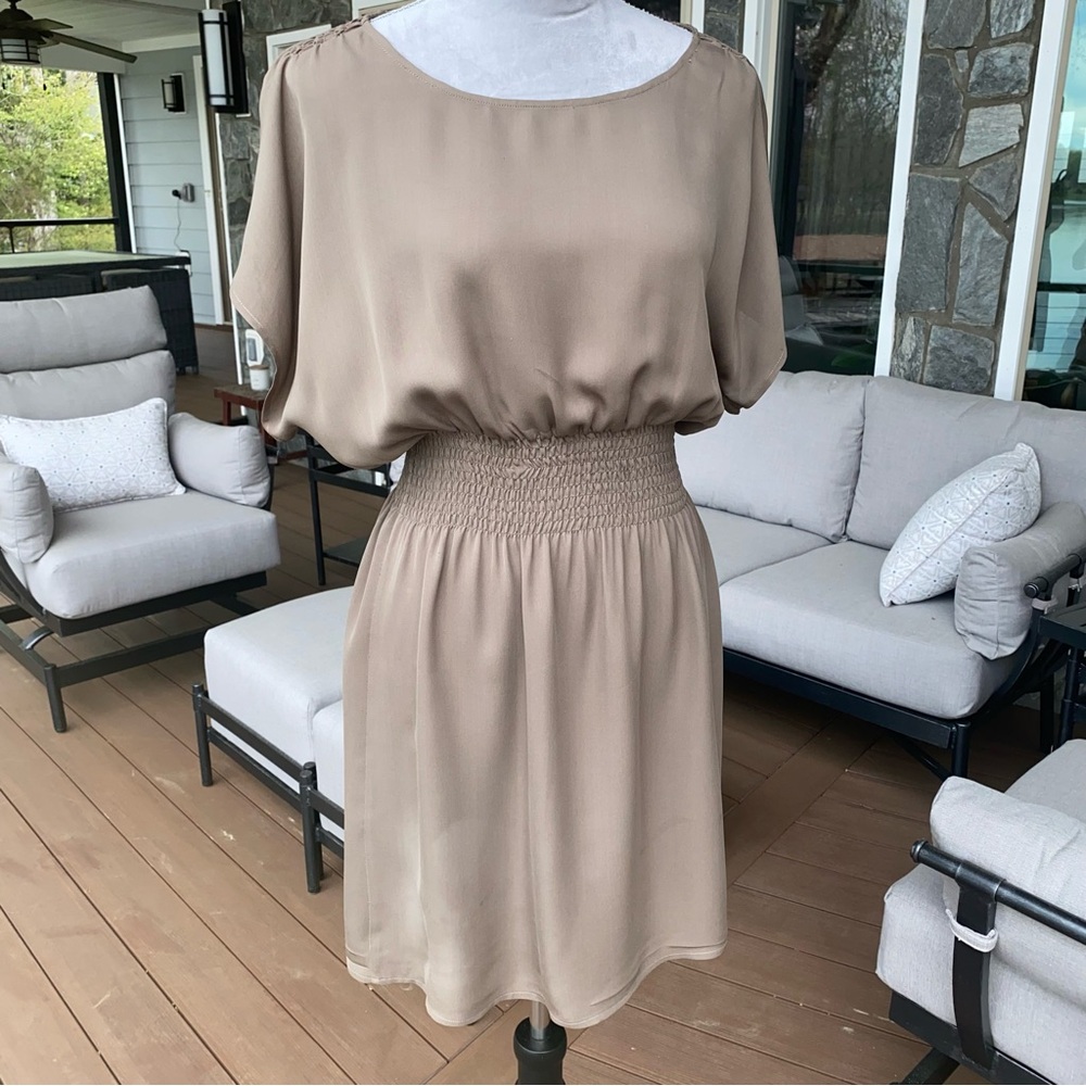 Ulla Johnson. 100% SILK , Taupe Dress with Smocked Waist, size 4